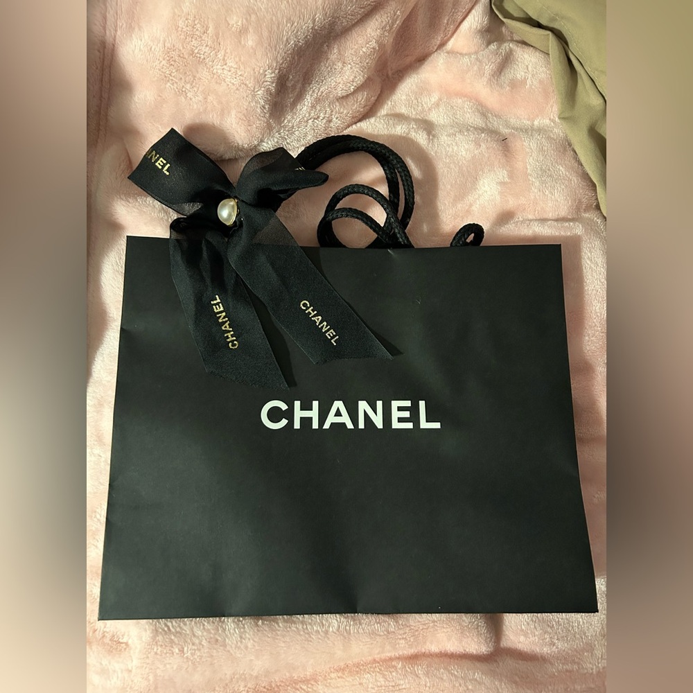 Chanel Black Paper Shopping Bag w/ Holiday Ribbon & Simulated Pearl Decoration
